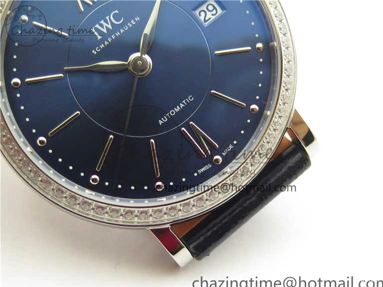 MIROTIME 1224 Portofino 37mm SS V7F 1:1 Best Edition Blue Dial Diamonds Bezel on Blue Leather Strap A Chic 7093